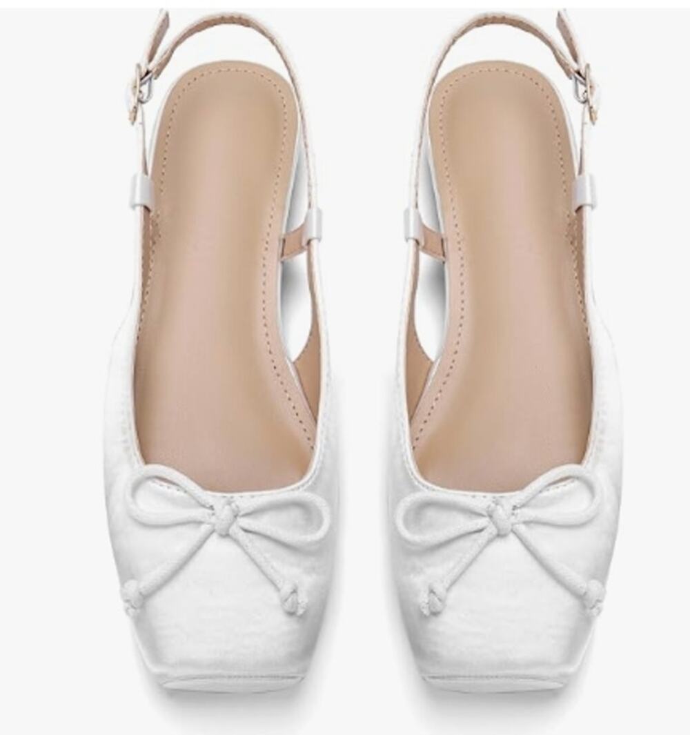 Women's White Satin Slingback Ballet Flats Square Toe Bow Shoes Size 8.5 NWOB